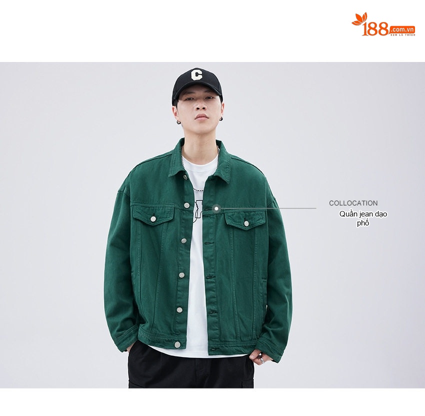 Áo Khoác Jeans Nam Dáng Rộng Phong Cách Retro Màu Hồng, Nâu, Tím, Xanh Lá chi tiết 22