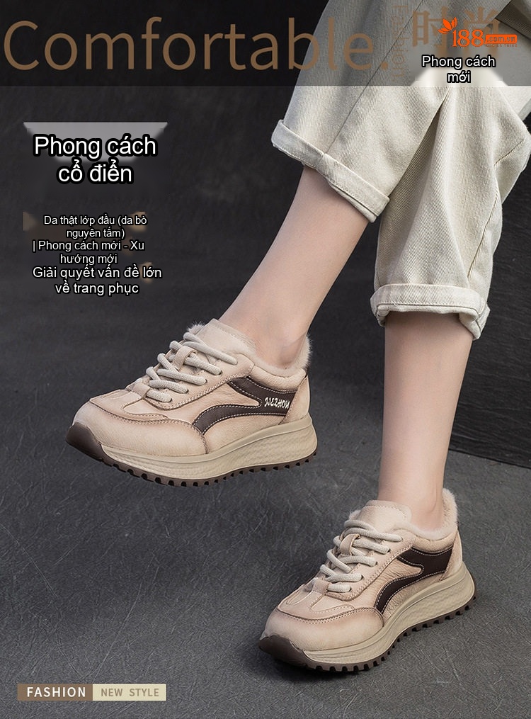 Giày Thể Thao Nữ Lót Lông Đi Mùa Đông Chiều Cao Đế Khoảng 4cm Màu Nâu, Kem chi tiết 1