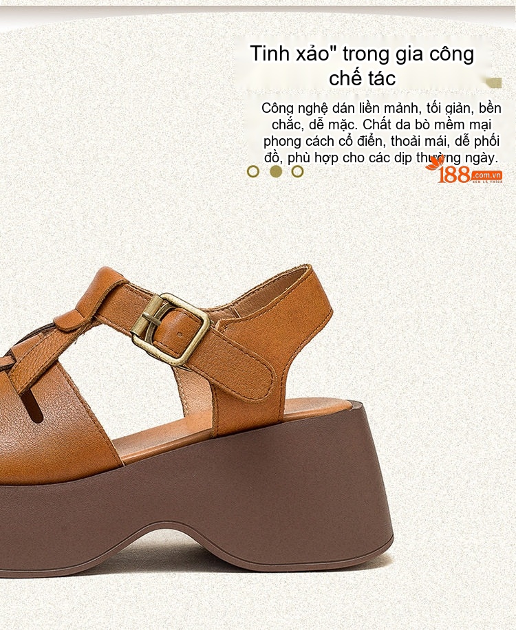 Dép Sandal Nữ Da Mờ Quai Hậu Đế Xuồng Đế Cao 5cm - 6cm Màu Nâu, Kem chi tiết 4