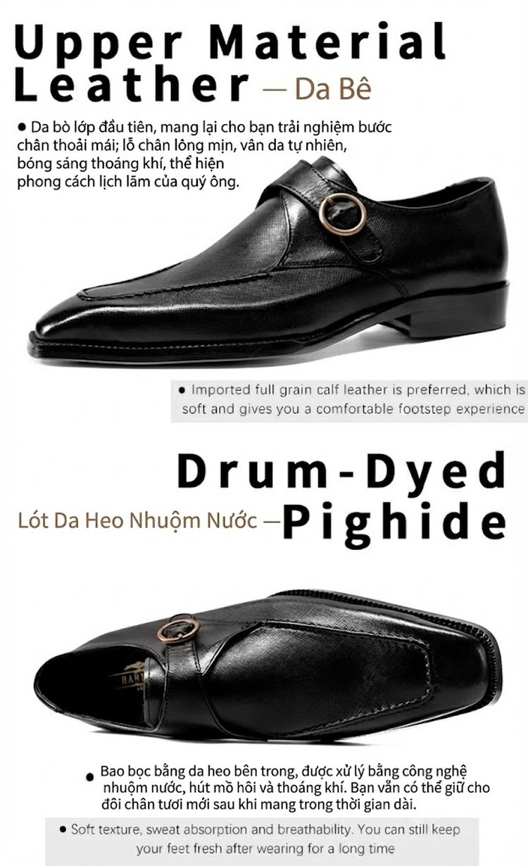 Giày Tây Monk Strap Nam Da Bò Mũi Vuông Chiều Cao Đế Khoảng 3cm Màu Đen, Nâu chi tiết 11