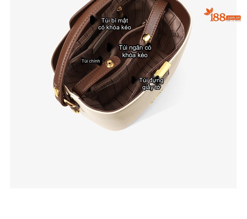 Túi Xách Nữ Da Thật Đeo Chéo Dáng Bucket Xách Tay Phong Cách Hè Màu Trắng, Nâu chi tiết 13