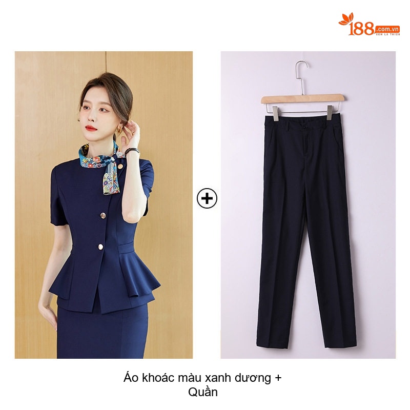 Bộ Vest Công Sở Nữ Tay Ngắn Thiết Kế Thanh Lịch Màu Xanh, Xám