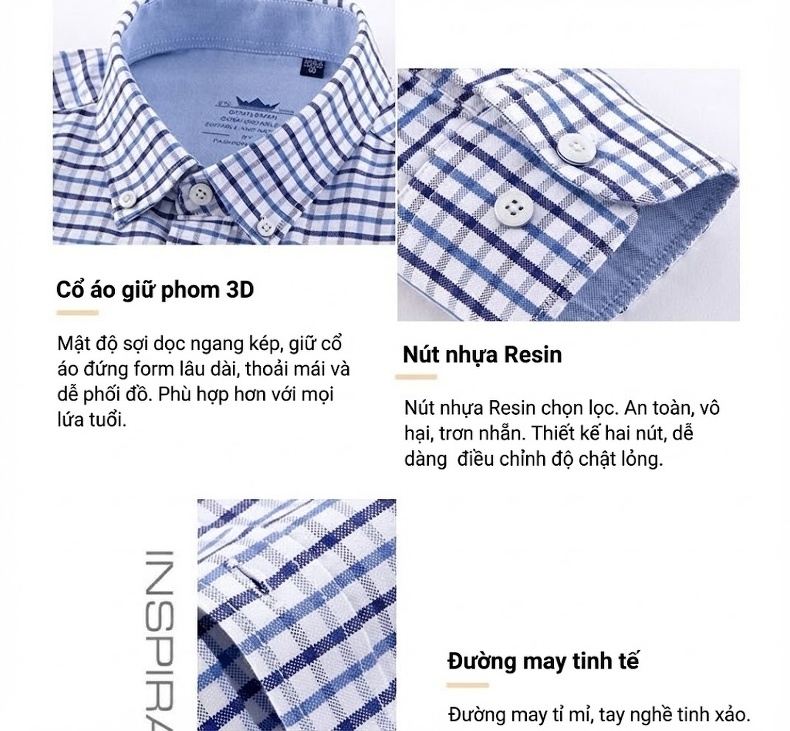 Áo Sơ Mi Nam Tay Dài Cotton Oxford Giặt Nước Kẻ Caro Mặc Đơn Giản Lót Trong Công Sở Màu Trắng, Xanh Dương, Xám, Hồng... chi tiết 6