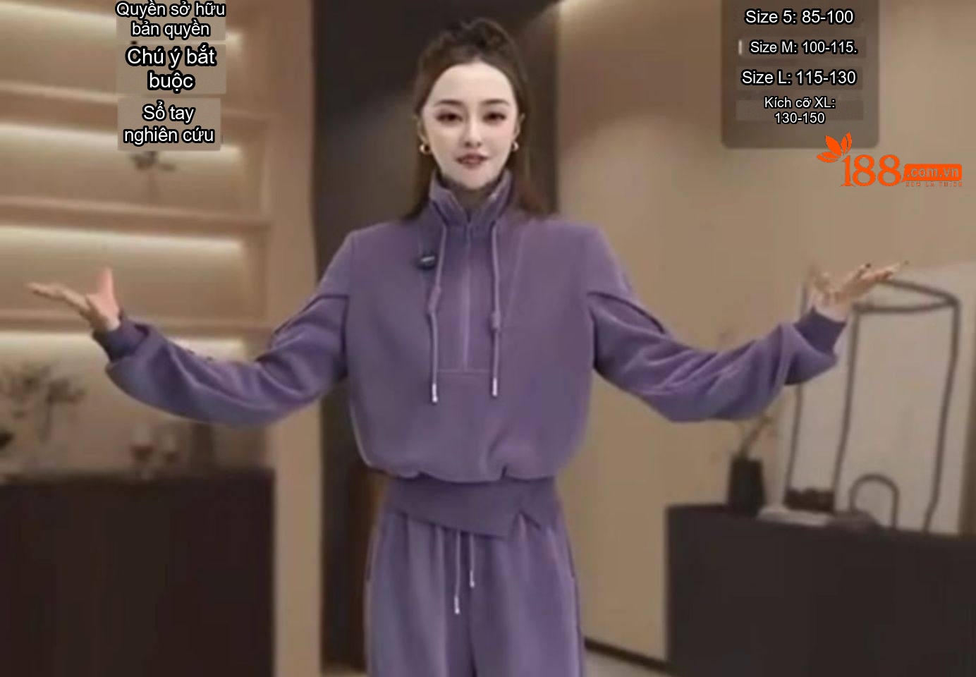 Bộ Đồ Nữ Áo Hoodie Dài Tay Khóa Kéo Lửng Quần Dài Ống Rộng Lót Lông Màu Tím chi tiết 2