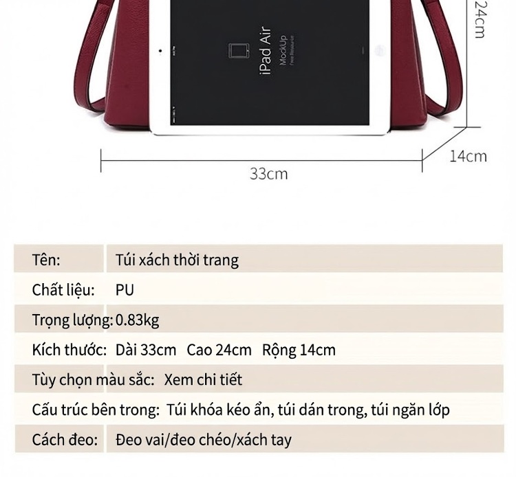 Túi Xách Tay Nữ Da Bóng Đựng Vừa A4 Phong Cách Đơn Giản Màu Đỏ, Đen, Xanh Dương, Nâu... chi tiết 3