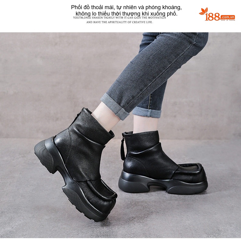 Boot Nữ Da Bò Cổ Ngắn Đế Bánh Mì Chiều Cao Đế Khoảng 5cm Khoá Kéo Sau Màu Đen, Nâu chi tiết 15