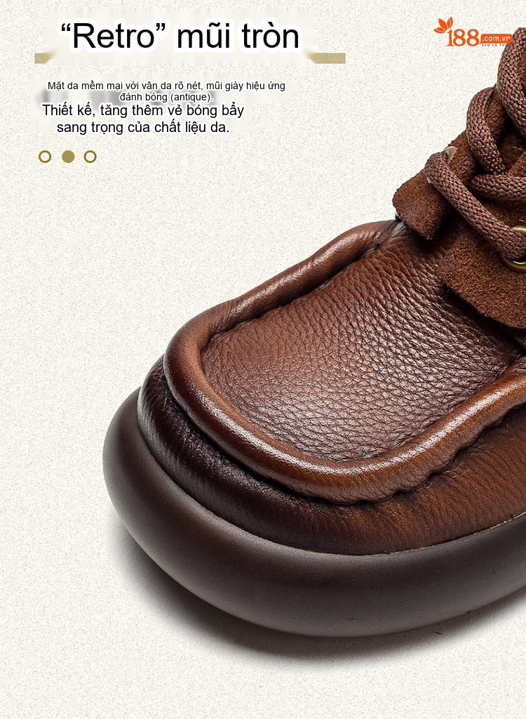 Giày Boot Nữ Cao Cổ Da Bò Buộc Dây Phong Cách Retro Chiều Cao Đế Khoảng 5cm Màu Nâu, Đen chi tiết 3
