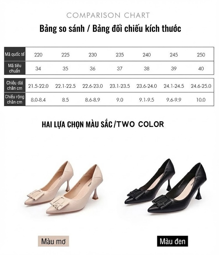 Giày Cao Gót Nữ Da Mềm Chiều Cao Đế Khoảng 6cm Kiểu Hàn Quốc Màu Đen, Kem chi tiết 7