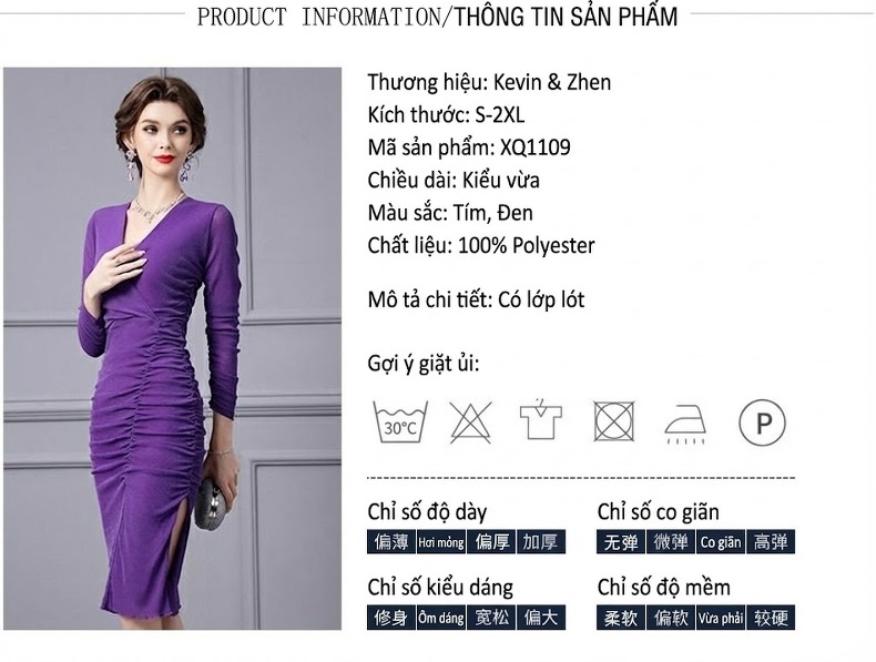 Đầm Ôm Body Nữ Tay Dài Cổ Chữ V, Chiết Ly, Xẻ Tà Màu Tím, Đen chi tiết 19