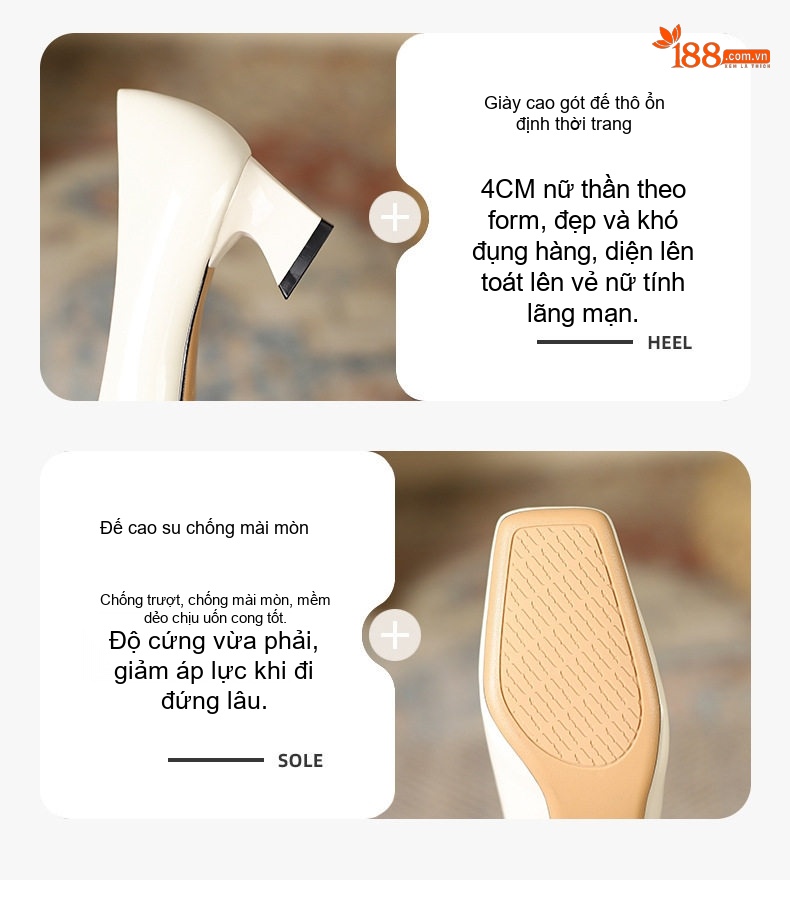 Giày Cao Gót Nữ Công Sở Mũi Vuông Da Bóng Chiều Cao Đế Khoảng 5cm Màu Đen, Kem, Trắng chi tiết 1