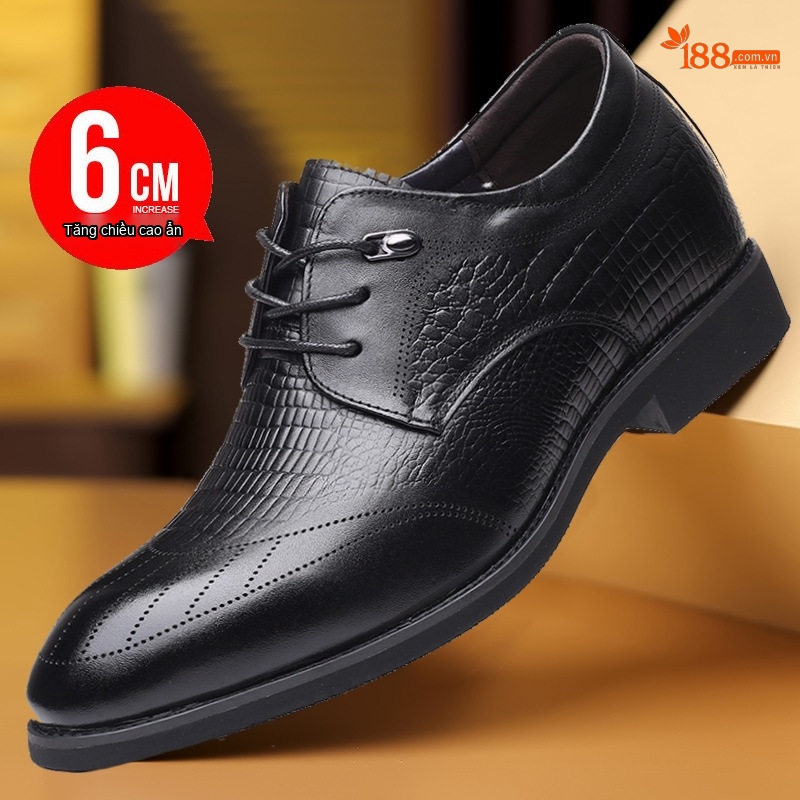 Giày Tây Buộc Dây Nam Da Bóng Chiều Cao Đế 6cm Màu Đen
