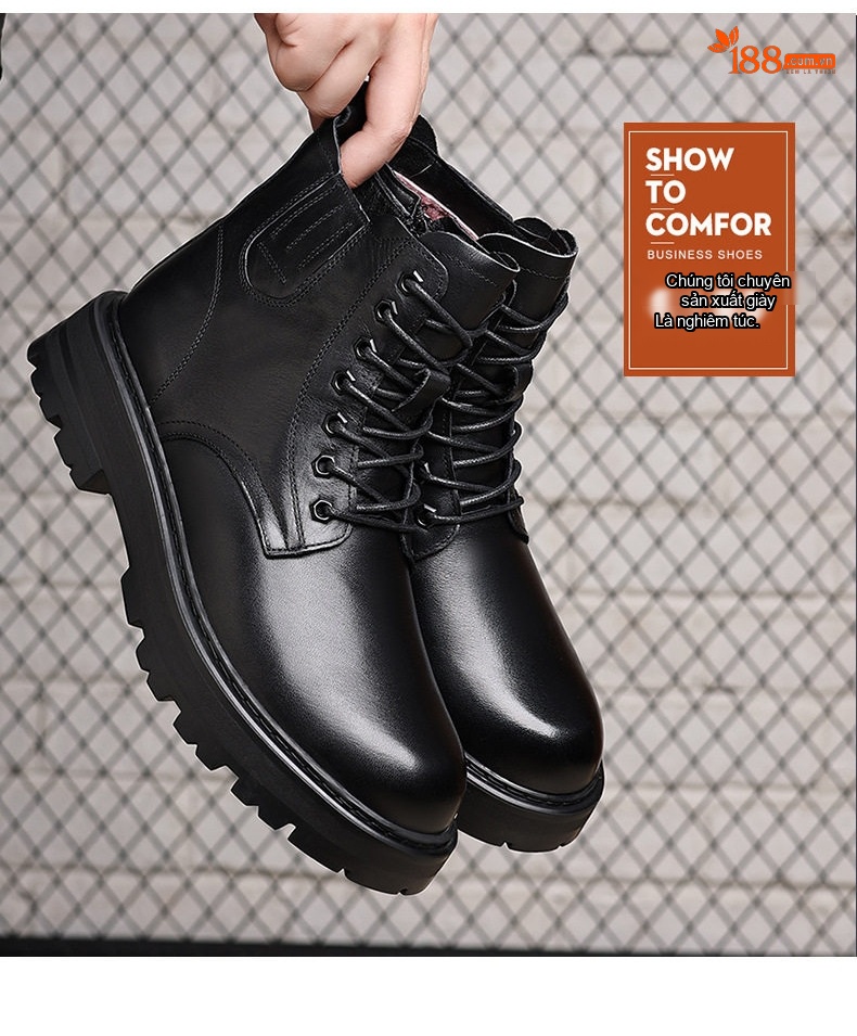 Giày Boot Martin Nam Da Thật Lót Lông Cừu Dày Dặn Chiều Cao Đế Khoảng 4cm Màu Đen chi tiết 11