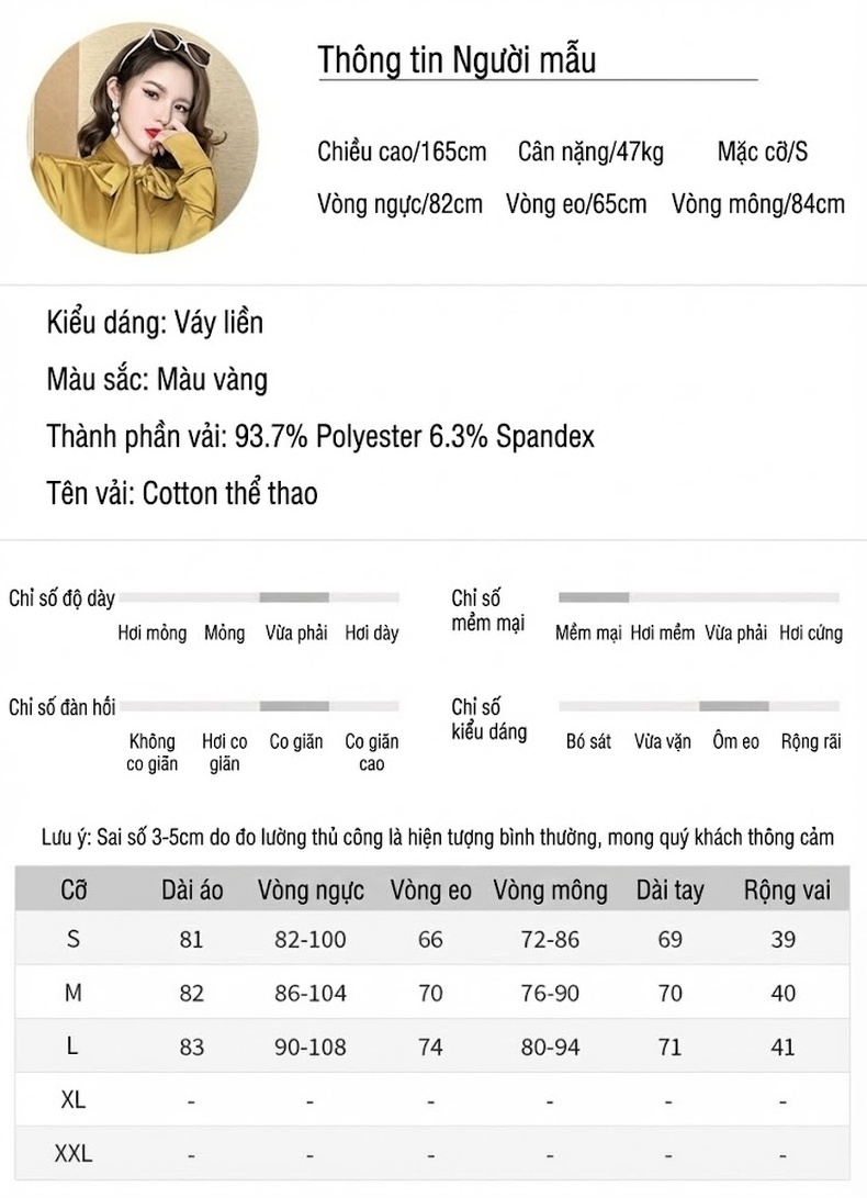 Đầm Ôm Body Nữ Tay Dài Cổ chữ V Thắt Nơ Kiểu Dáng Thanh Lịch Màu Vàng chi tiết 2