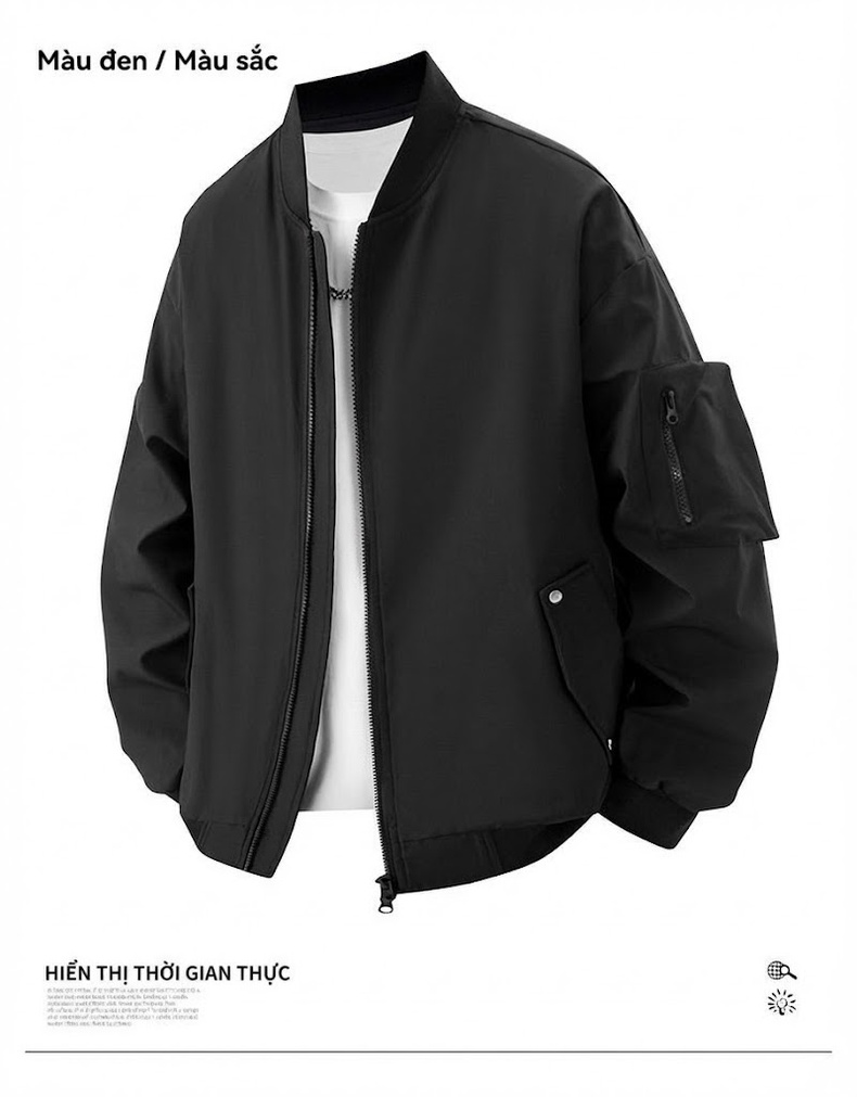 Áo Khoác Bomber Nam Dáng Rộng Phong Cách Retro Màu Xanh Olive, Đen, Xám... chi tiết 14