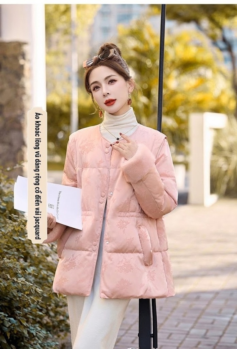 Áo Khoác Phao Nữ Dáng Dài Vừa Thắt Eo Họa Tiết Jacquard Màu Hồng, Trắng, Vàng, Đỏ... chi tiết 11