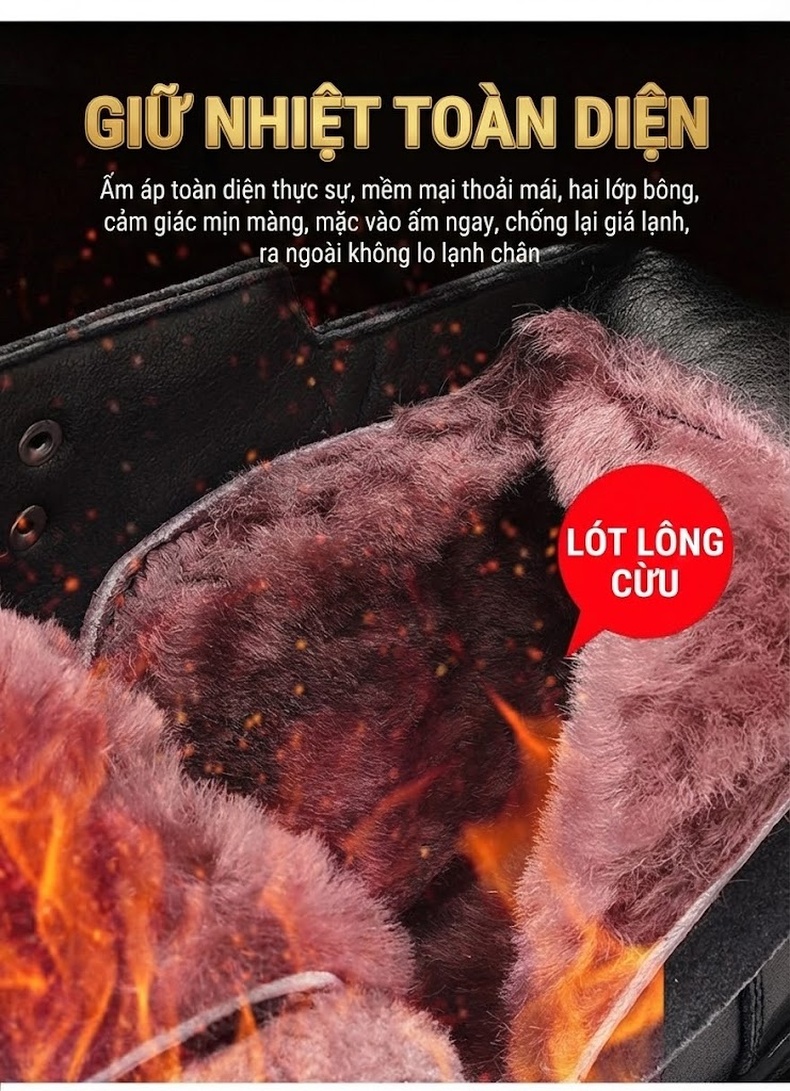 Giày Boot Martin Nam Da Thật Lót Lông Cừu Dày Dặn Chiều Cao Đế Khoảng 4cm Màu Đen chi tiết 6