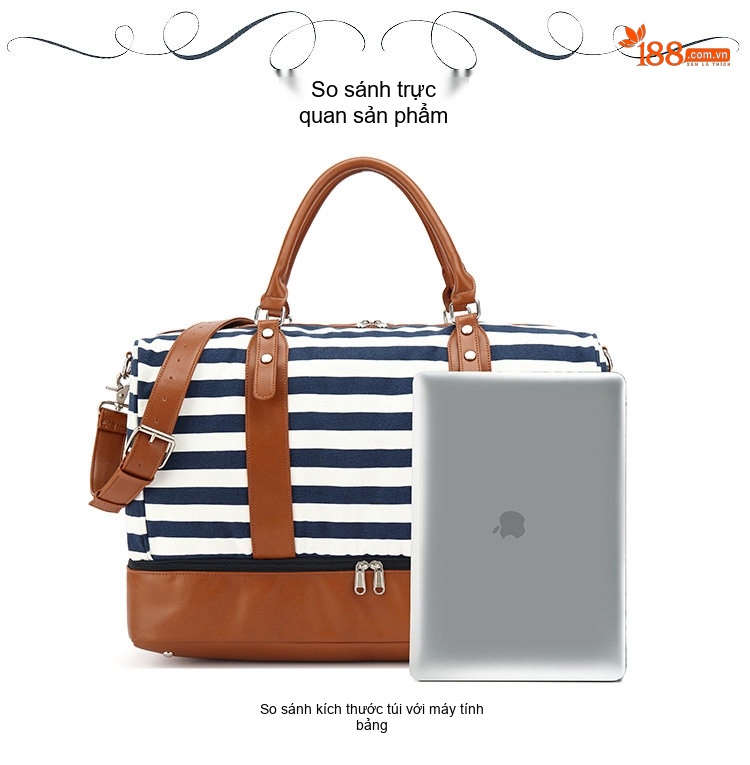 Túi Du Lịch Vải Canvas Chống Nước, Túi Xách Tay, Túi Tập Gym Màu Sọc Xanh Navy, Trắng chi tiết 4