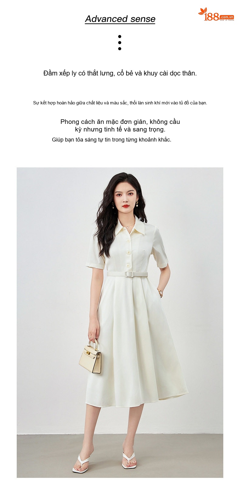 Đầm Midi Nữ Tay Ngắn Cổ Sơ Mi Thanh Lịch Tôn Dáng Màu Trắng Kem chi tiết 2