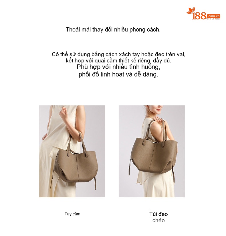 Túi Tote Nữ Da Bò Lớn Đựng Đồ Phong Cách Đơn Giản Kèm Túi Nhỏ Màu Nâu chi tiết 6