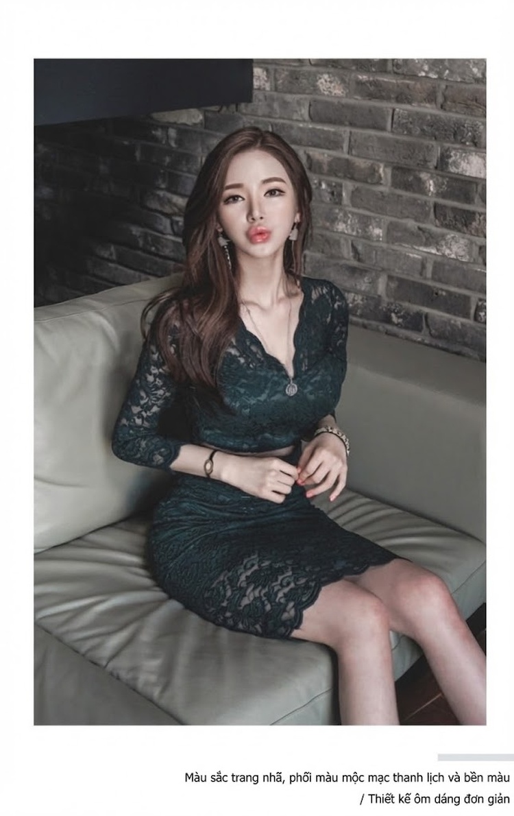 Váy Ôm Body Nữ Ren Tay Dài Cổ chữ V Trễ Vai Thanh Lịch Màu Xanh Đen chi tiết 12