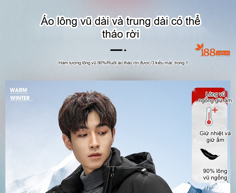 Áo Khoác Phao Nam Lông Vũ Tháo Rời 3 Kiểu Mặc Giữ Ấm Mùa Đông chi tiết 1