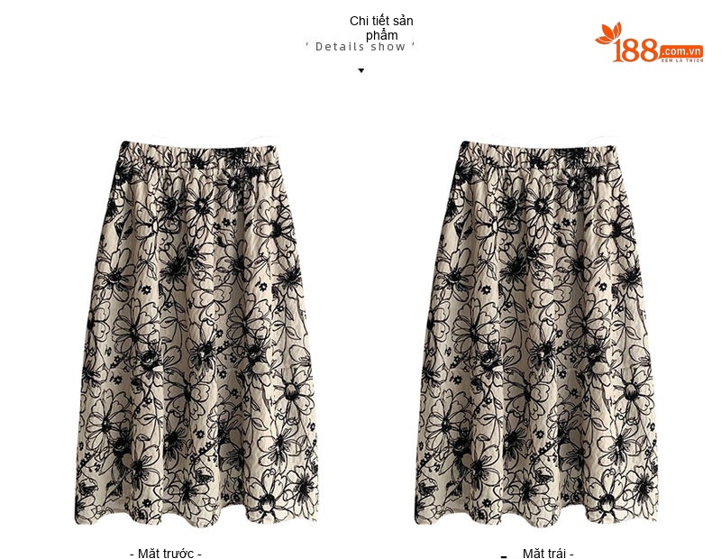 Chân Váy Nữ A-Line Lửng Vải Nhung Thêu Hoa Cúc Eo Cao Phong Cách Pháp Cổ Điển Màu Kem, Đen chi tiết 3