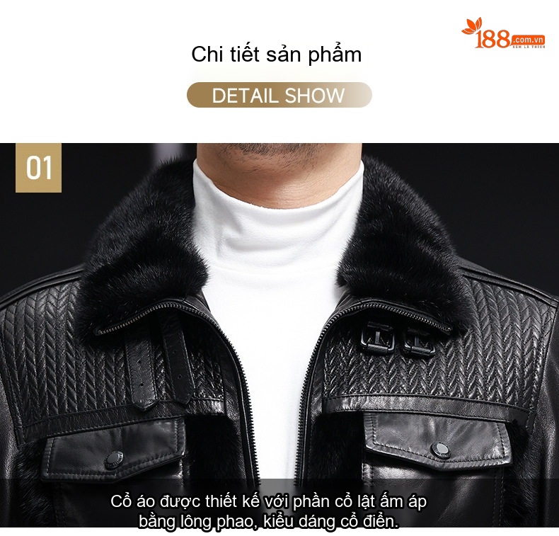 Áo Khoác Da Thật Nam Dáng Ngắn Da Bò Sáp Dầu Phối Lông Chồn Kiểu Bomber Màu Đen chi tiết 6