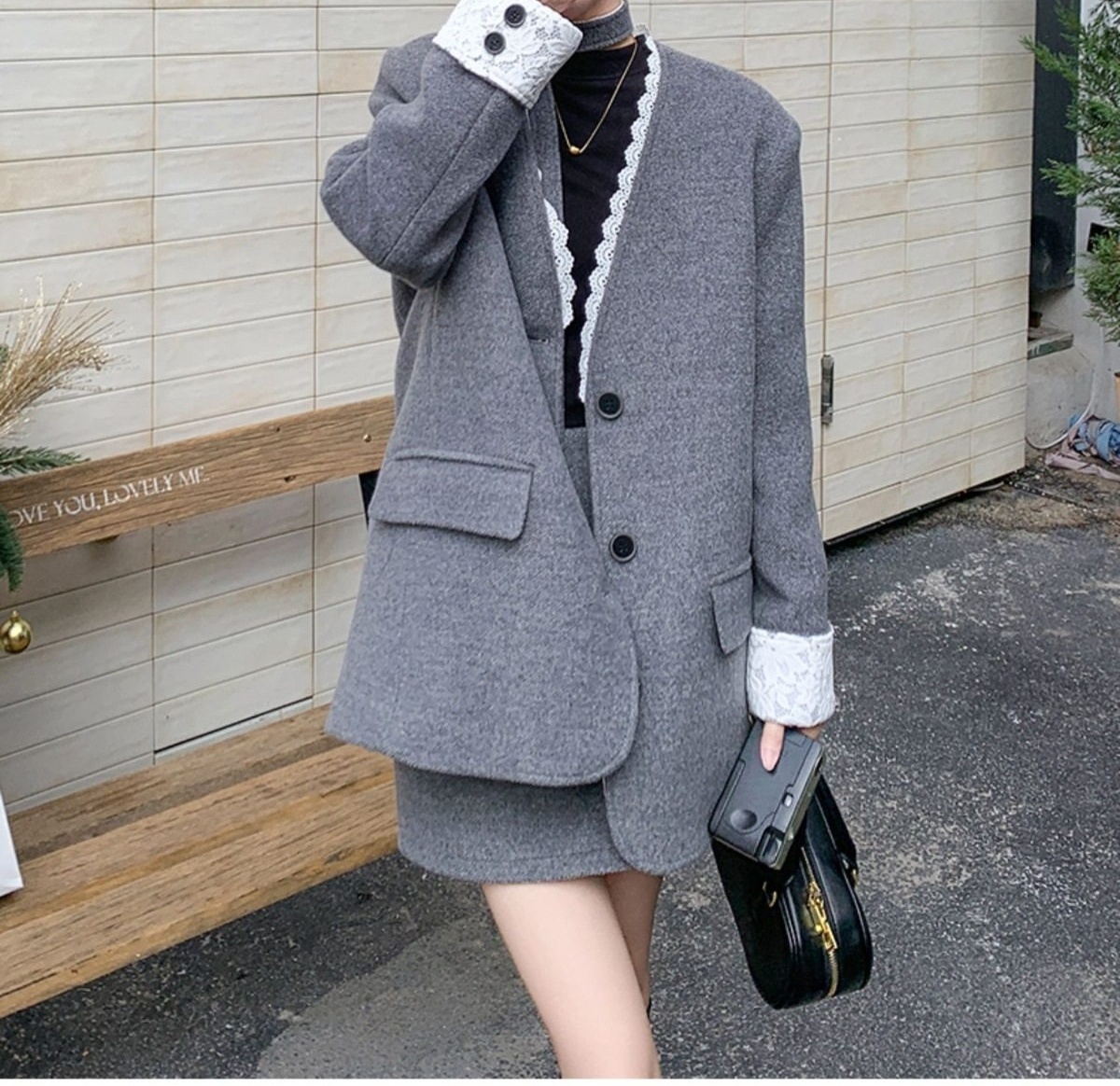Bộ Áo Blazer Quần Short Nữ Vải Lông Cừu Phong Cách Tiểu Thư Hàn Quốc Lót Lông Vũ Dày Dặn Màu Xám chi tiết 29
