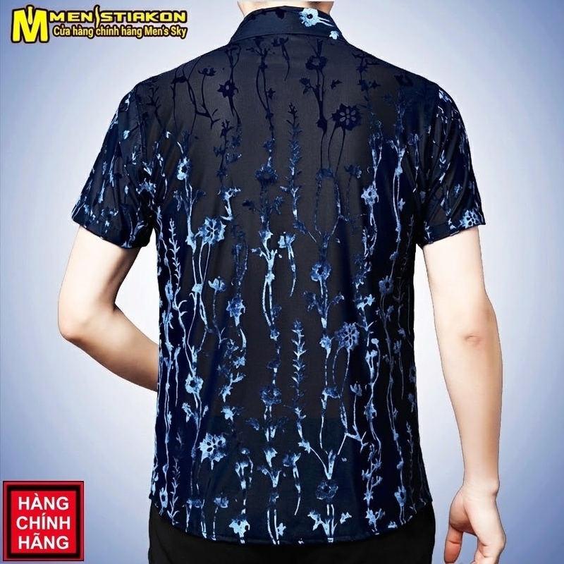 Áo Sơ Mi Nam Ngắn Tay Lụa Băng Mỏng Vải Nhung Gân Hoa Văn Trung Niên Màu Đen, Xanh Đen, Xanh Lá