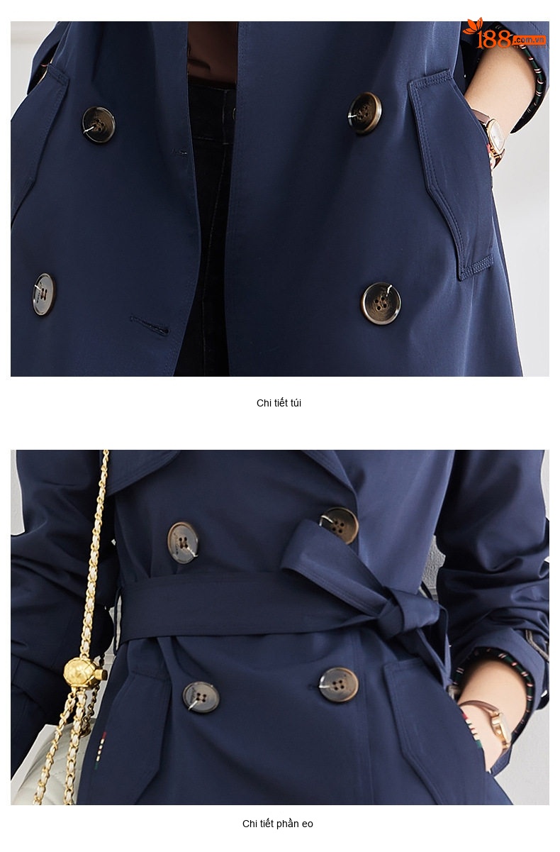 Áo Khoác Trench Coat Nữ Dáng Dài Thiết Kế Thời Trang Phong Cách Anh Màu Xanh Navy chi tiết 17