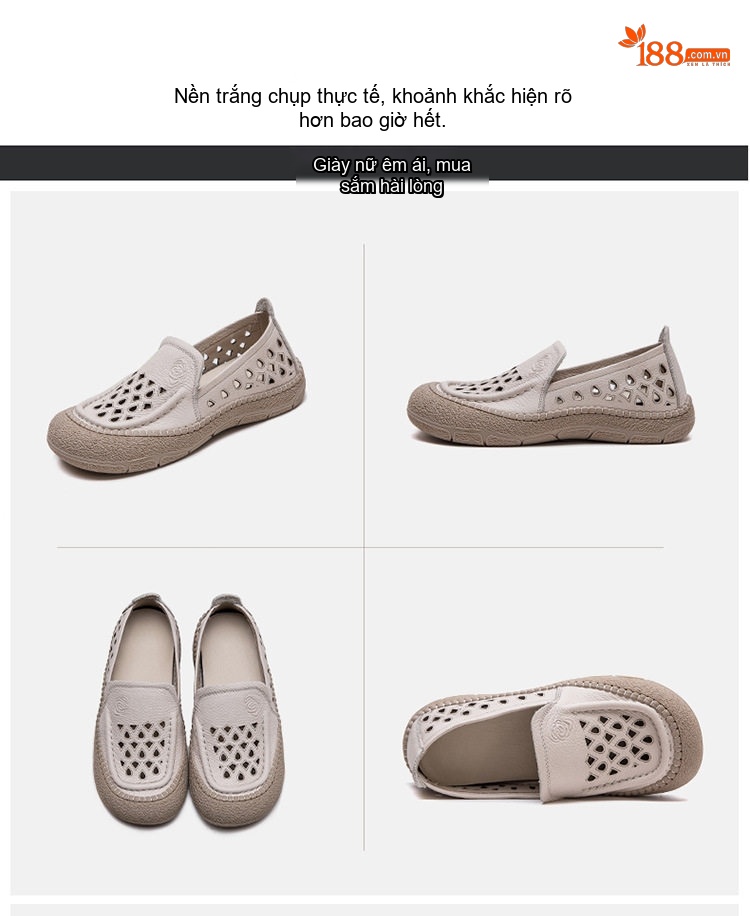 Giày Lười Nữ Da Mờ Thoáng Khí Đục Lỗ Chiều Cao Đế Khoảng 2cm Phong Cách Vintage Màu Kem, Nâu chi tiết 17
