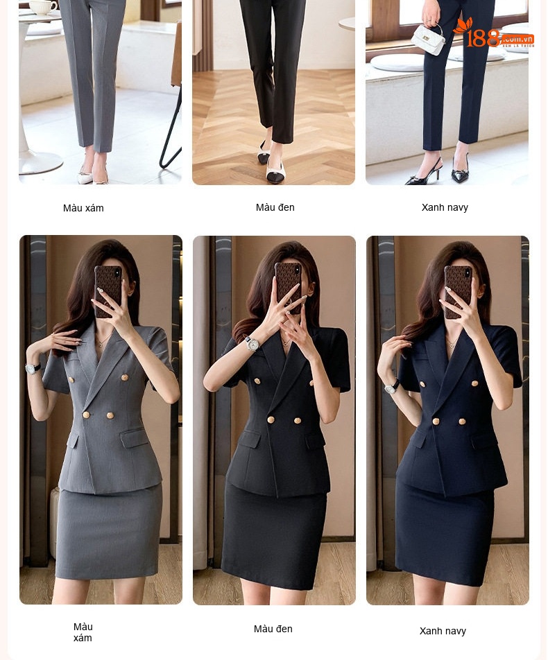 Bộ Vest Công Sở Nữ Tay Ngắn Màu Xám, Đen, Xanh Than (Kèm Quần/Chân Váy) chi tiết 5