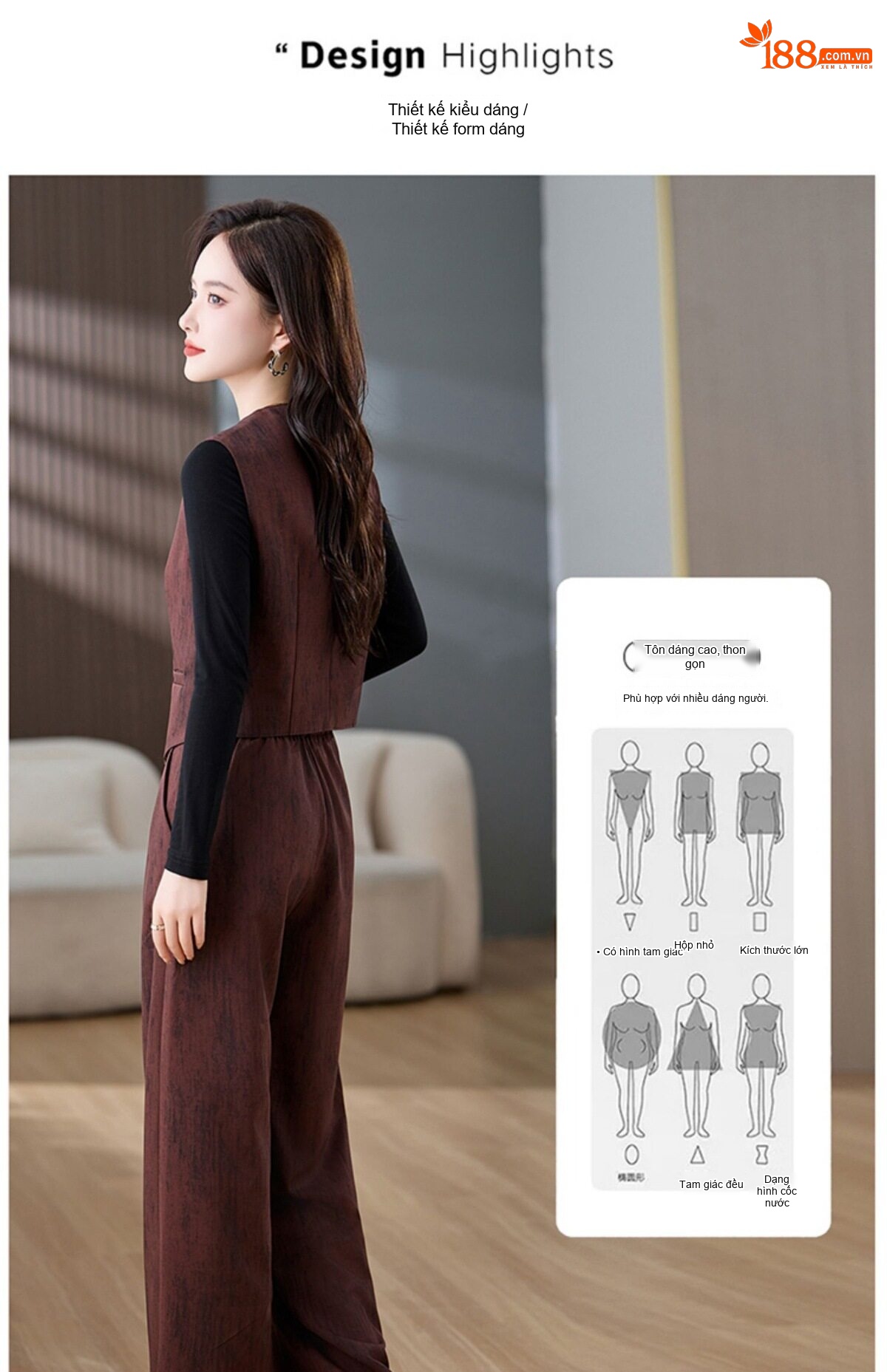 Set Bộ Vest Nữ Áo Gile Quần Ống Rộng Phong Cách Thời Trang Màu Nâu Đỏ chi tiết 7