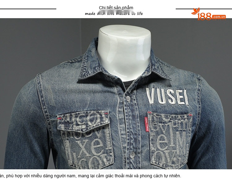 Áo Sơ Mi Denim Nam Thêu Họa Tiết Cá Tính Dáng Ôm Vừa Vặn Màu Xanh chi tiết 6