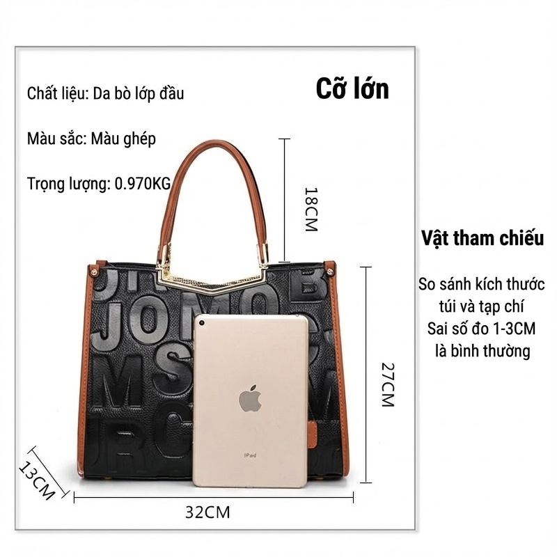 Túi Xách Tay Nữ Da Bò Thời Trang Công Sở Dung Tích Lớn Màu Đen, Nâu, Đỏ