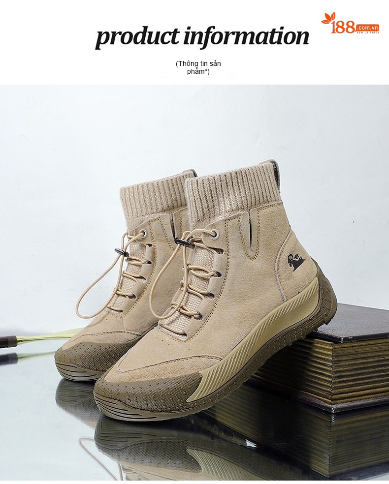 Giày Boot Nữ Da Thật Cổ Cao Chiều Cao Đế Khoảng 3cm Màu Kem chi tiết 3