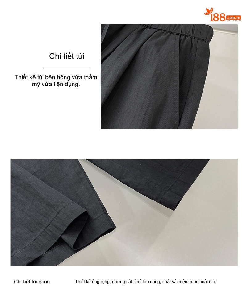 Quần Công Sở Nữ Lưng Cao Ống Rộng Dáng Suông Cotton Màu Nâu, Đen, Kem chi tiết 5