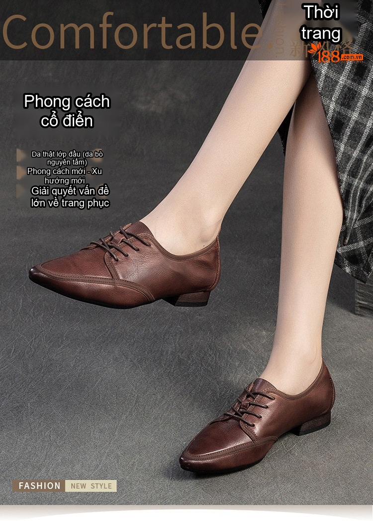Giày Búp Bê Nữ Da Bò Mũi Nhọn Buộc Dây Chiều Cao Đế Khoảng 1cm Màu Nâu, Vàng chi tiết 1