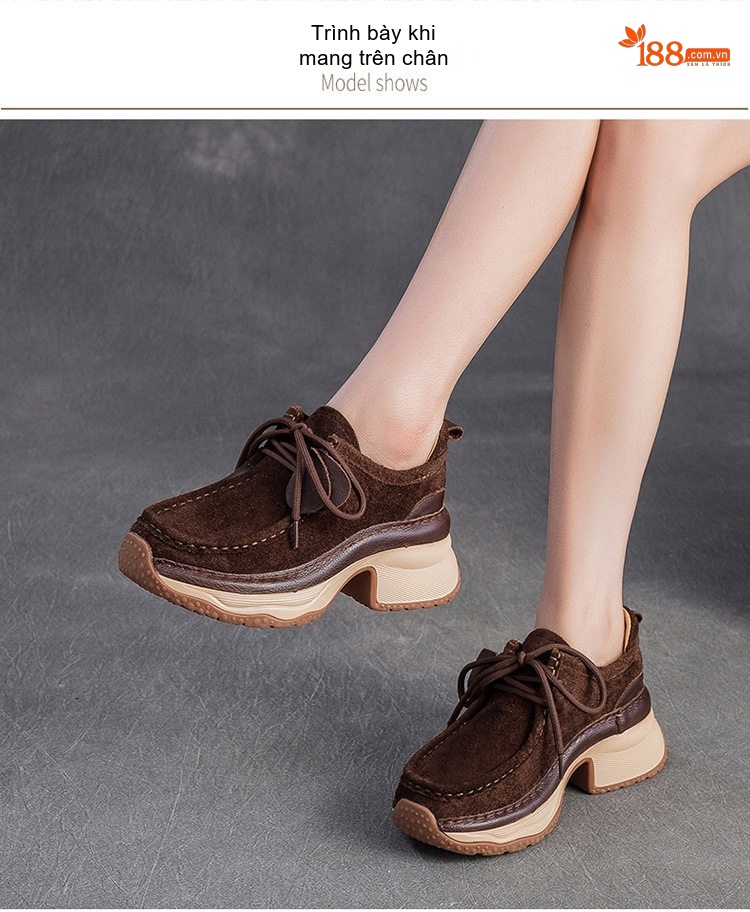 Giày Thể Thao Nữ Da Bò Mũi Tròn Buộc Dây Chiều Cao Đế Khoảng 5cm Màu Nâu, Vàng chi tiết 7
