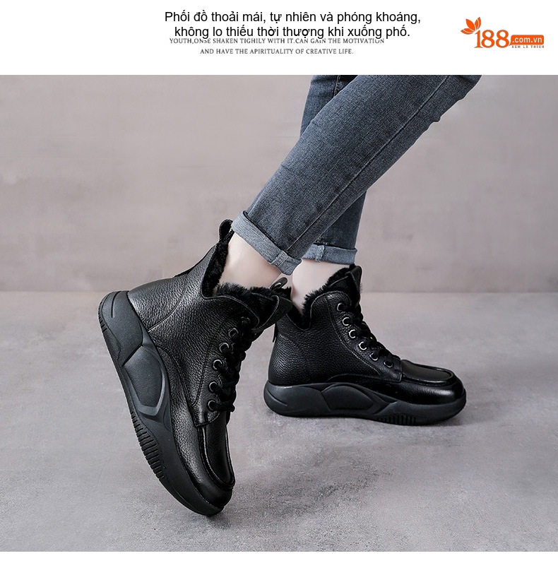 Giày Boot Nữ Da Bò Lót Lông Cừu Non Cổ Cao Dây Buộc Chiều Cao Đế Khoảng 5cm Màu Be, Đen chi tiết 15