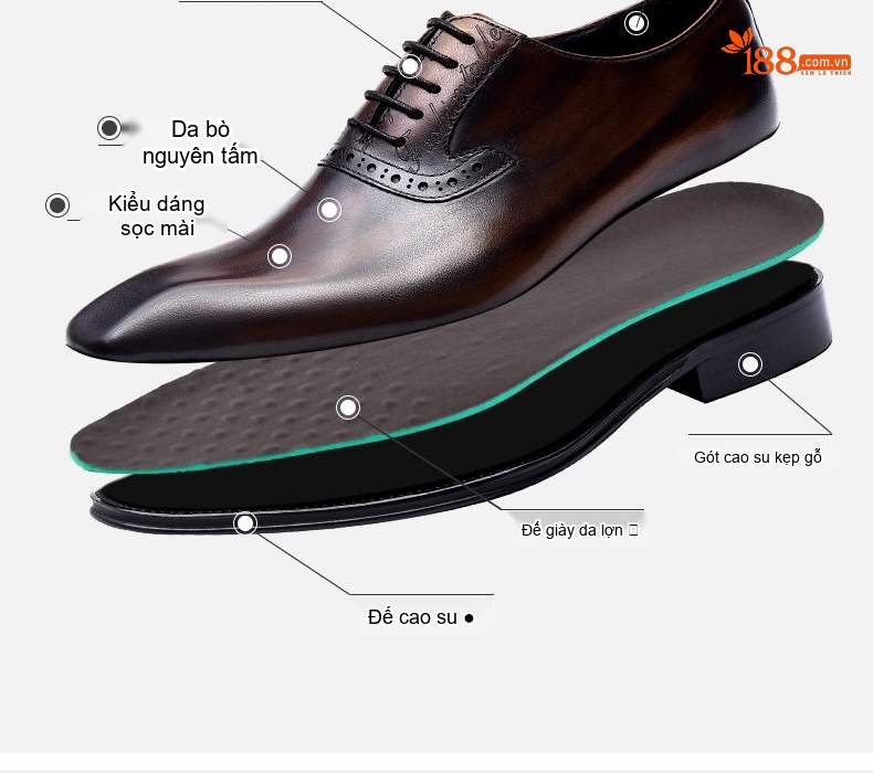 Giày Tây Buộc Dây Nam Da Bò Đầu Tiên Chiều Cao Đế Khoảng 3cm Màu Đen, Nâu chi tiết 4
