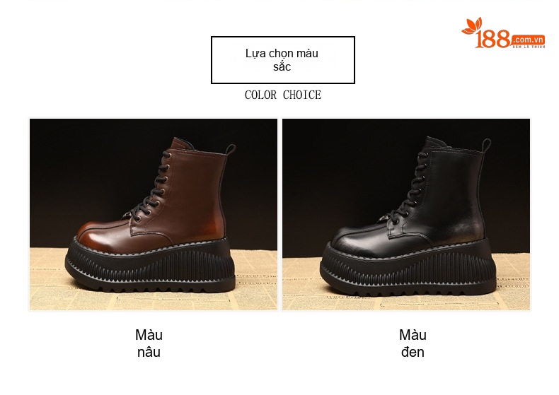 Giày Martin Nữ Đế Dày Chiều Cao Đế Khoảng 8cm Da Bóng Buộc Dây Màu Đen, Nâu chi tiết 2