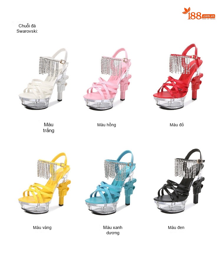 Giày Sandal Cao Gót Nữ Quai Ngang Gót Hình Súng Đính Đá Gót Cao 8cm Màu Đen, Trắng, Đỏ chi tiết 3