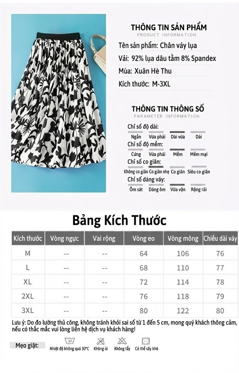 Chân Váy Lụa Tằm A Line Cạp Cao Họa Tiết Thời Trang Màu Trắng, Đen chi tiết 5