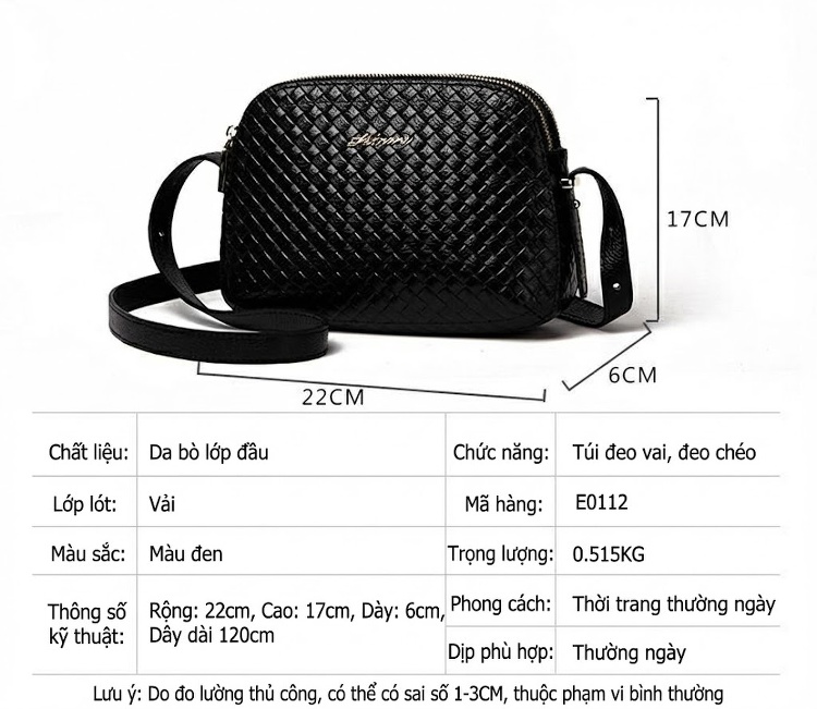 Túi Đeo Vai Nữ Da Bò Đan Họa Tiết Nhiều Ngăn Phong Cách Thời Trang Màu Đen chi tiết 5