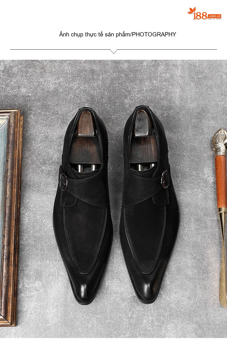 Giày Monkstrap Khóa Cài Nam Da Bò Lộn Chiều Cao Đế Khoảng 3cm Màu Đen, Xám chi tiết 15