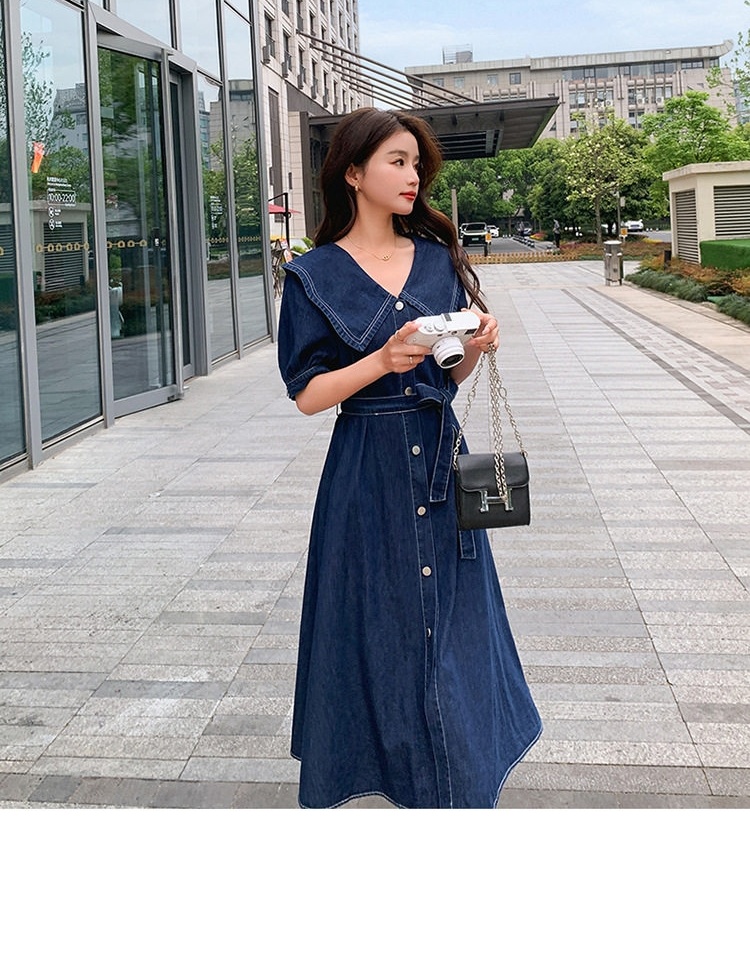 Váy Jean Nữ Cổ Búp Bê dáng chữ A Thắt Eo Thanh Lịch chi tiết 10