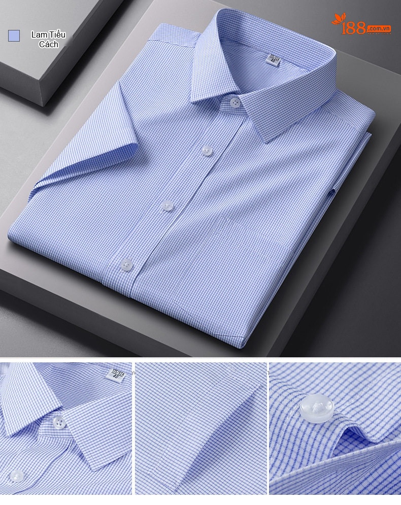 Áo Sơ Mi Nam Cotton Ngắn Tay Dáng Ôm Chống Nhăn Màu Trắng, Xanh Dương, Tím, Xám... chi tiết 20