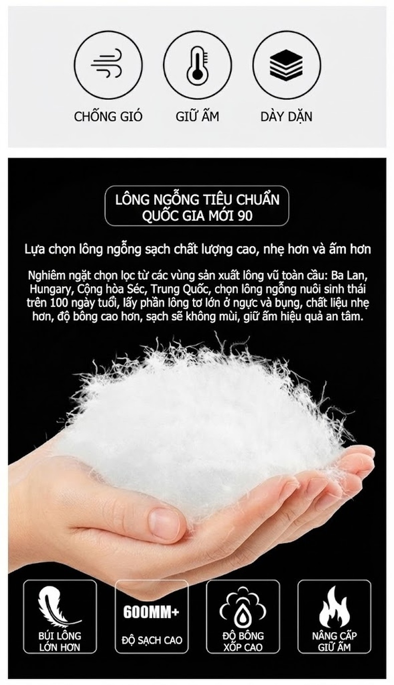 Áo Khoác Phao Nam Lông Vũ 90% Mới Giữ Ấm Phong Cách Doanh Nhân Màu Xanh Navy, Đen, Xám chi tiết 5