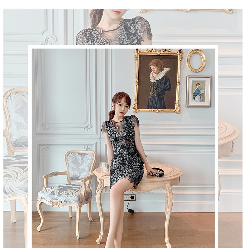 Váy Ôm Body Nữ Cổ chữ V Ren Thân Hình Đẹp Phong Cách Pháp Màu Đen chi tiết 1